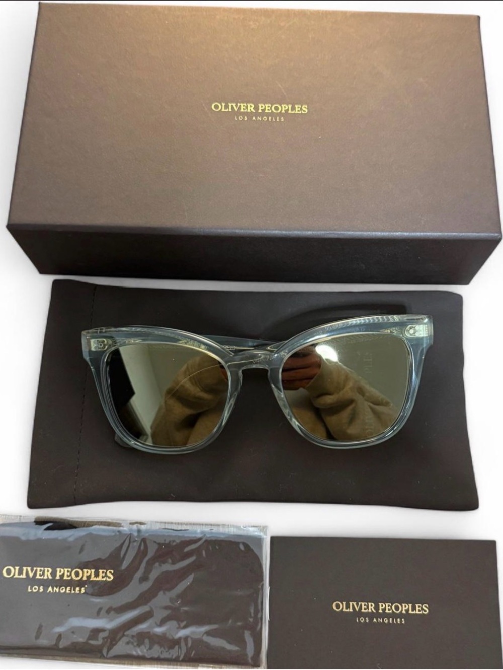 Oliver Peoples Translucent Gray Acetate Sunglasses with Green Lenses